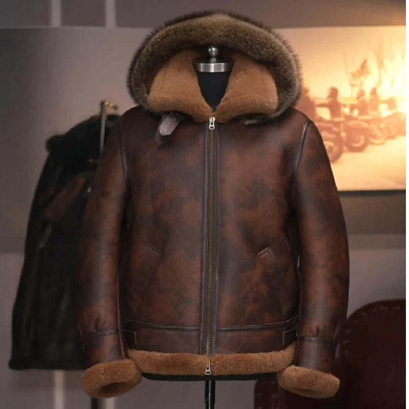 89007美皮复古棕厚B3飞行服真皮真毛原生态羊皮毛一体男保暖外套