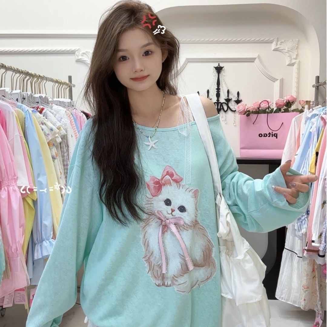 微胖大码宽松大板印花T恤时尚休闲卡通猫咪雪花亚麻长袖上衣女