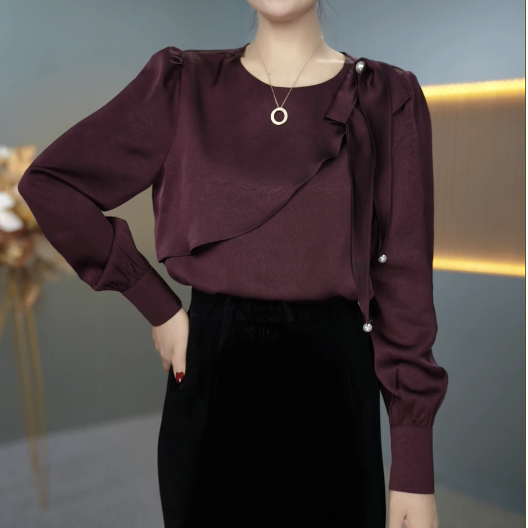 M新款设计感小众时尚气质女圆领长袖衬衫T恤百搭0919-1