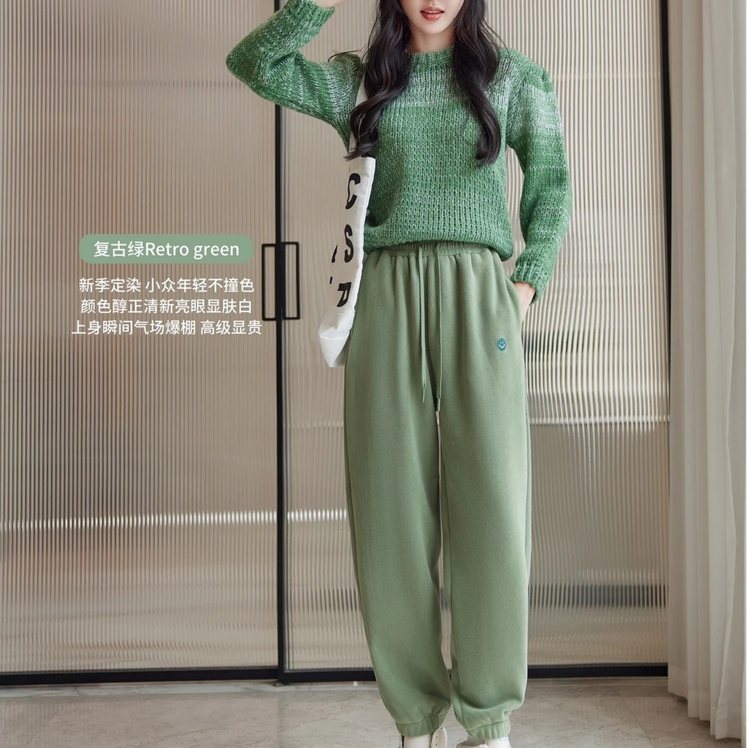 微笑裤女双面摇粒绒暖暖裤秋冬休闲宽松抽绳可外穿收口运动80986