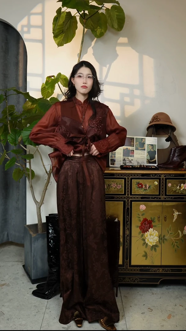 M码，L码，（拍下请备注）新中式提花阔腿裤，巧克力色