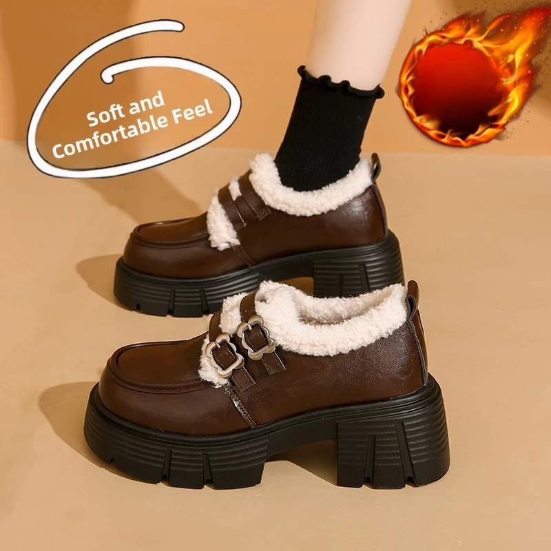 英伦风加绒网红乐福棉鞋女2025冬季新款厚底覆古毛毛玛丽珍小皮鞋