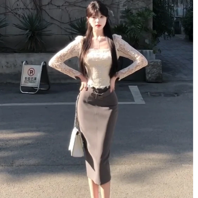 K7075码法式纯欲方领蕾丝修身上衣女春夏微胖mm高腰包臀半裙套装