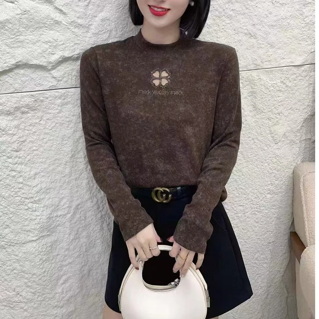 830#四叶草扎染半高领打底衫衬衫女时尚百搭简约显瘦外穿秋冬新款