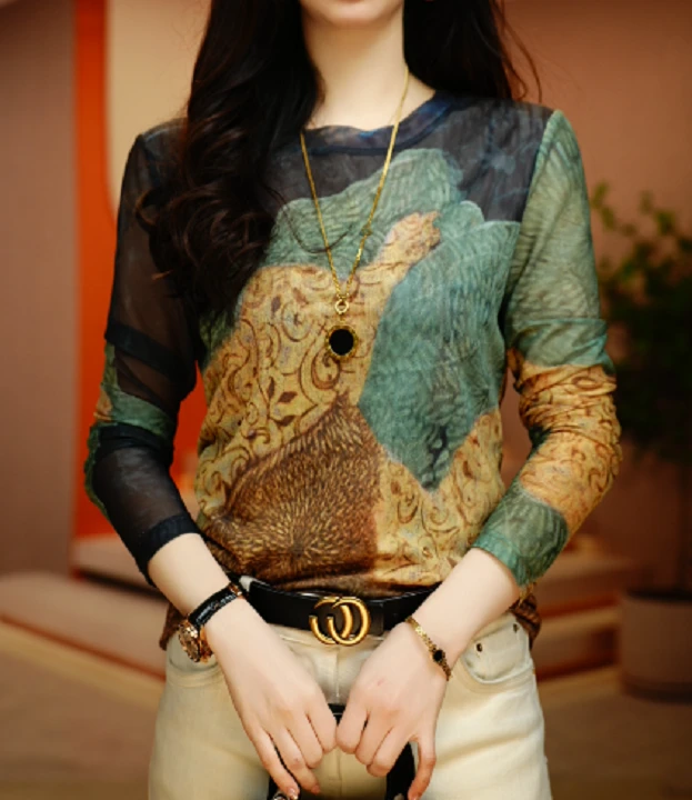 新款肌肤网纱上衣小衫透气双层高级百搭套头洋气