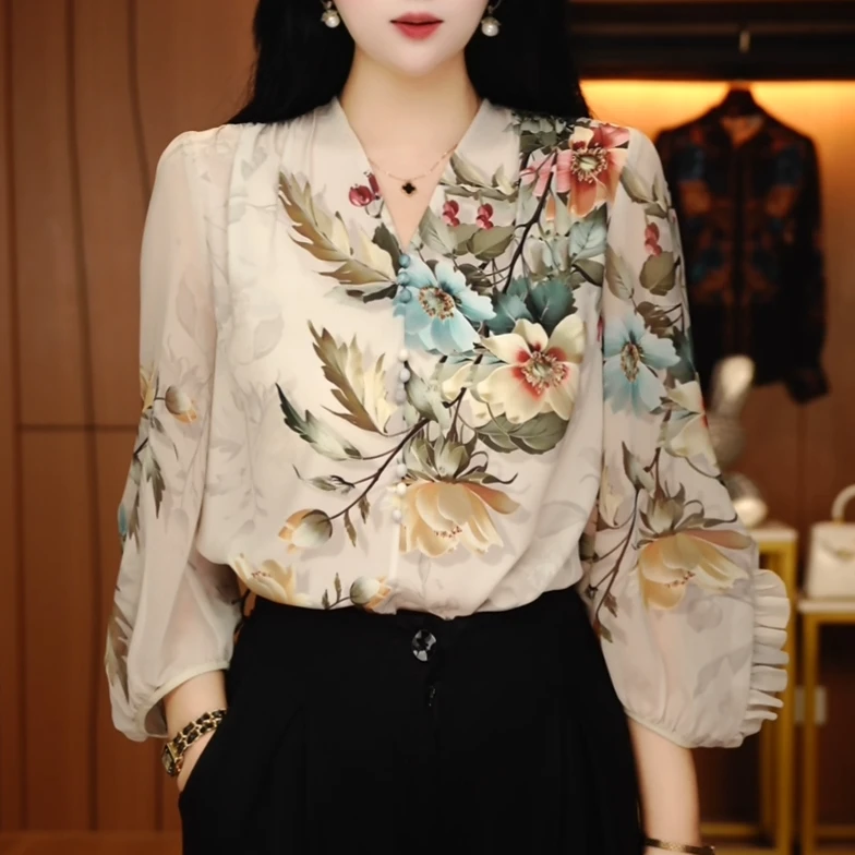 W250157- 新款琉璃双皱丝洋气时尚百搭休闲气质女士印花小衫显瘦