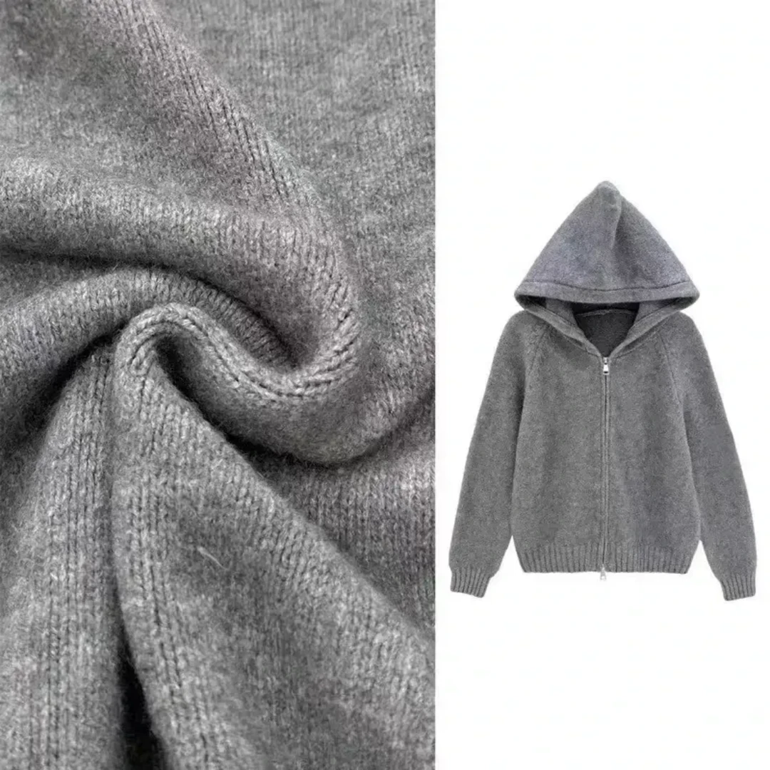 海外订单 连帽拉链针织开衫女2025秋冬宽松毛衣短款外套上衣加厚