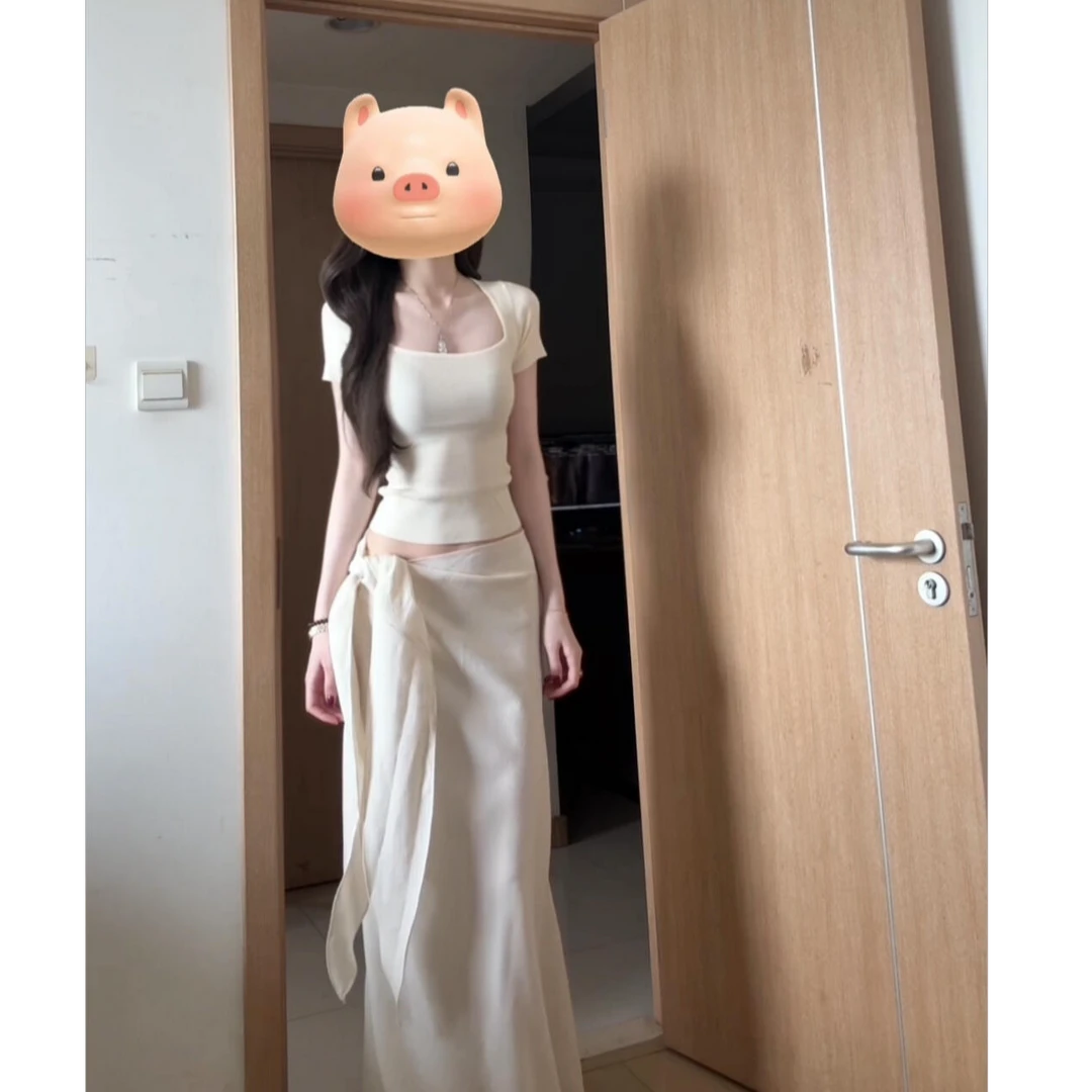 2025春夏新款白色简约针织短袖正肩T恤扭结绑带收腰半身裙女套装