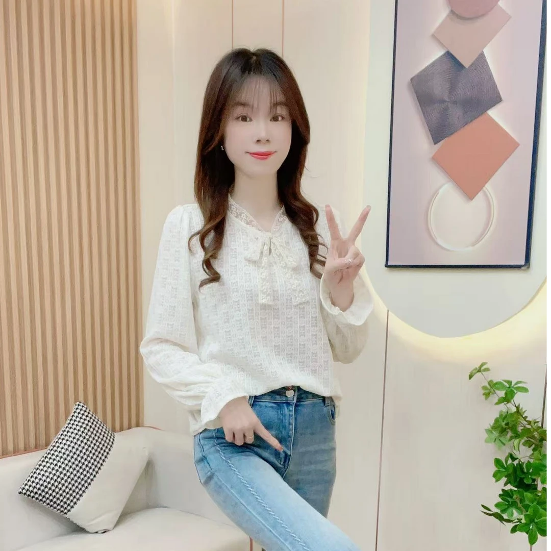 炬雅【莫奈花园】新款蝴蝶结绑带时尚洋气减龄显瘦百搭春季蕾丝上衣