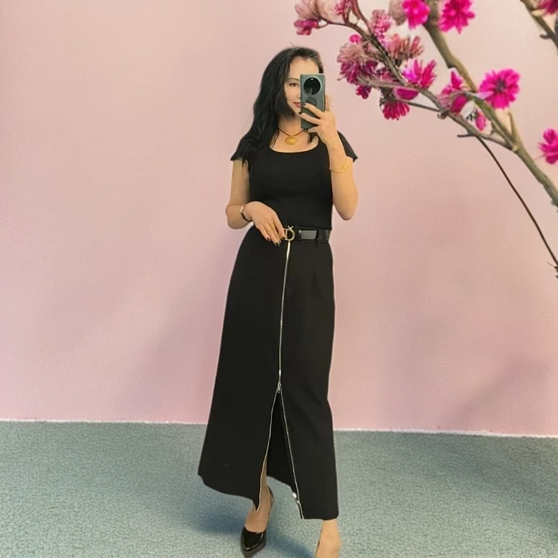 春夏新品气质复古拉链前开叉直筒半身裙高腰长裙