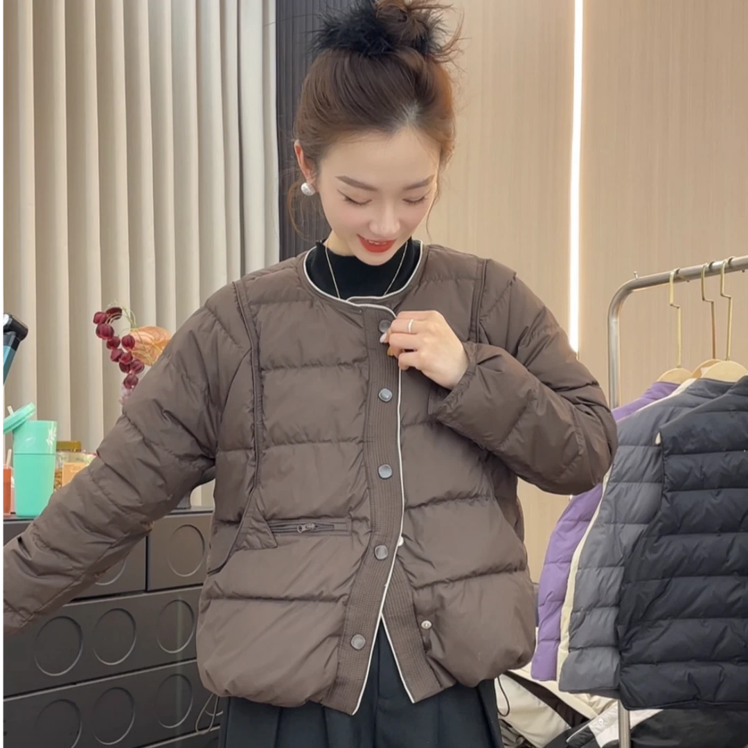 新款百搭显瘦白鸭绒短款轻薄羽绒服女冬季韩版时尚小香风无领