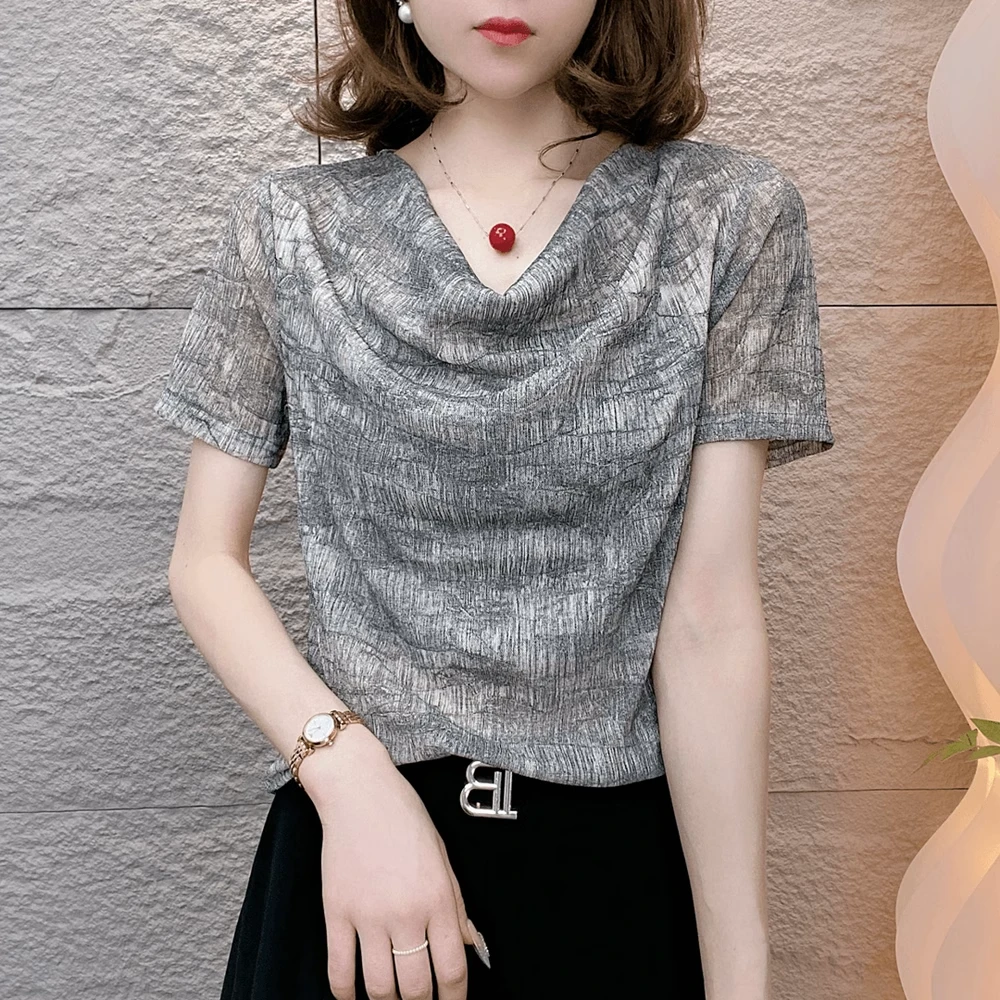 时尚套头网纱岩石纹理气质减龄设计堆堆领短袖弹力透气中年女上衣