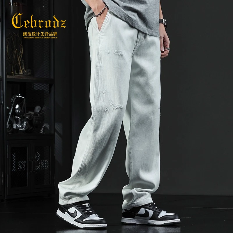 Cebrodz浅色牛仔裤男秋季男士高街长裤宽松直筒潮牌美式vibe男裤