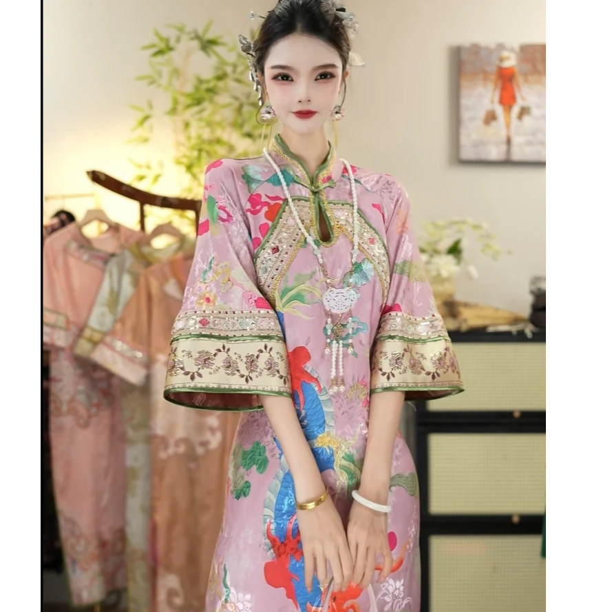 花享悦2025夏季新款中国风飘逸日常长款龙腾重磅刺绣旗袍WW（1603）