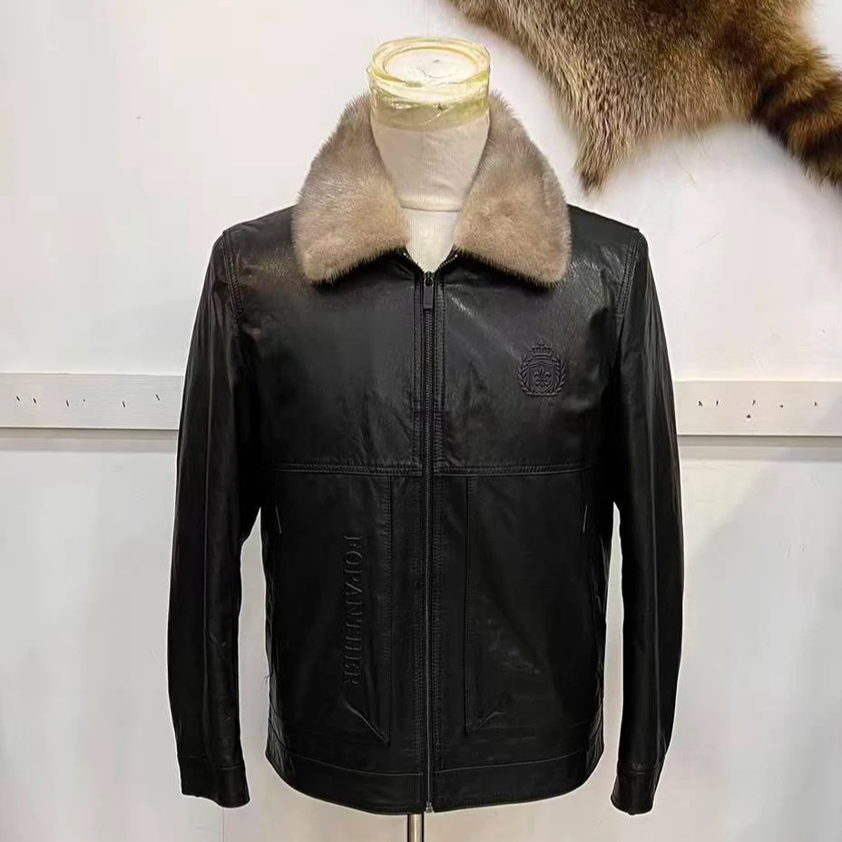 牛皮油蜡时尚貂领羽绒内胆保暖短款真皮皮衣秋冬休闲男款男装067