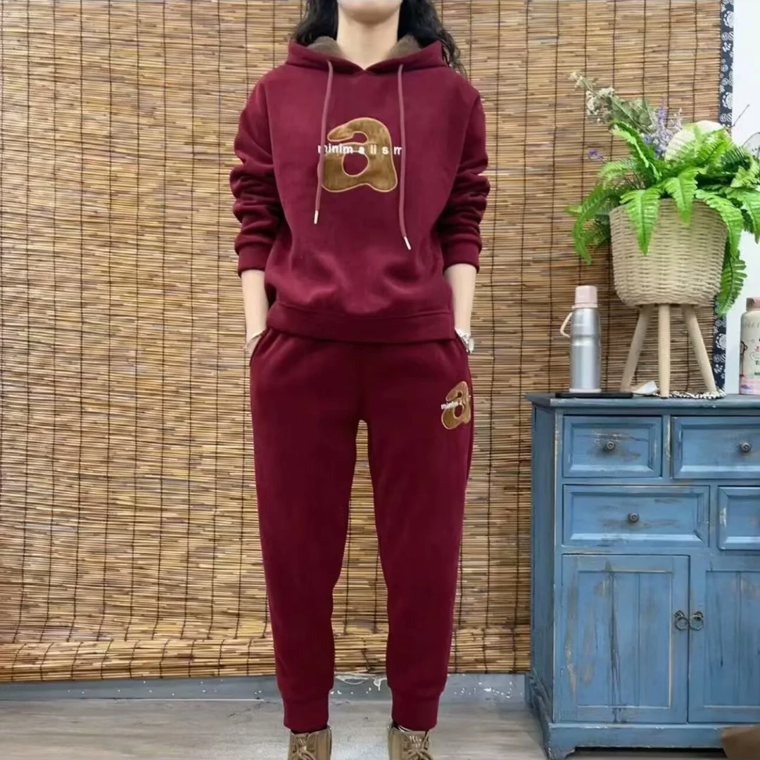 时尚加绒加厚休闲运动套装女秋冬装新款宽松连帽上衣简约两件套