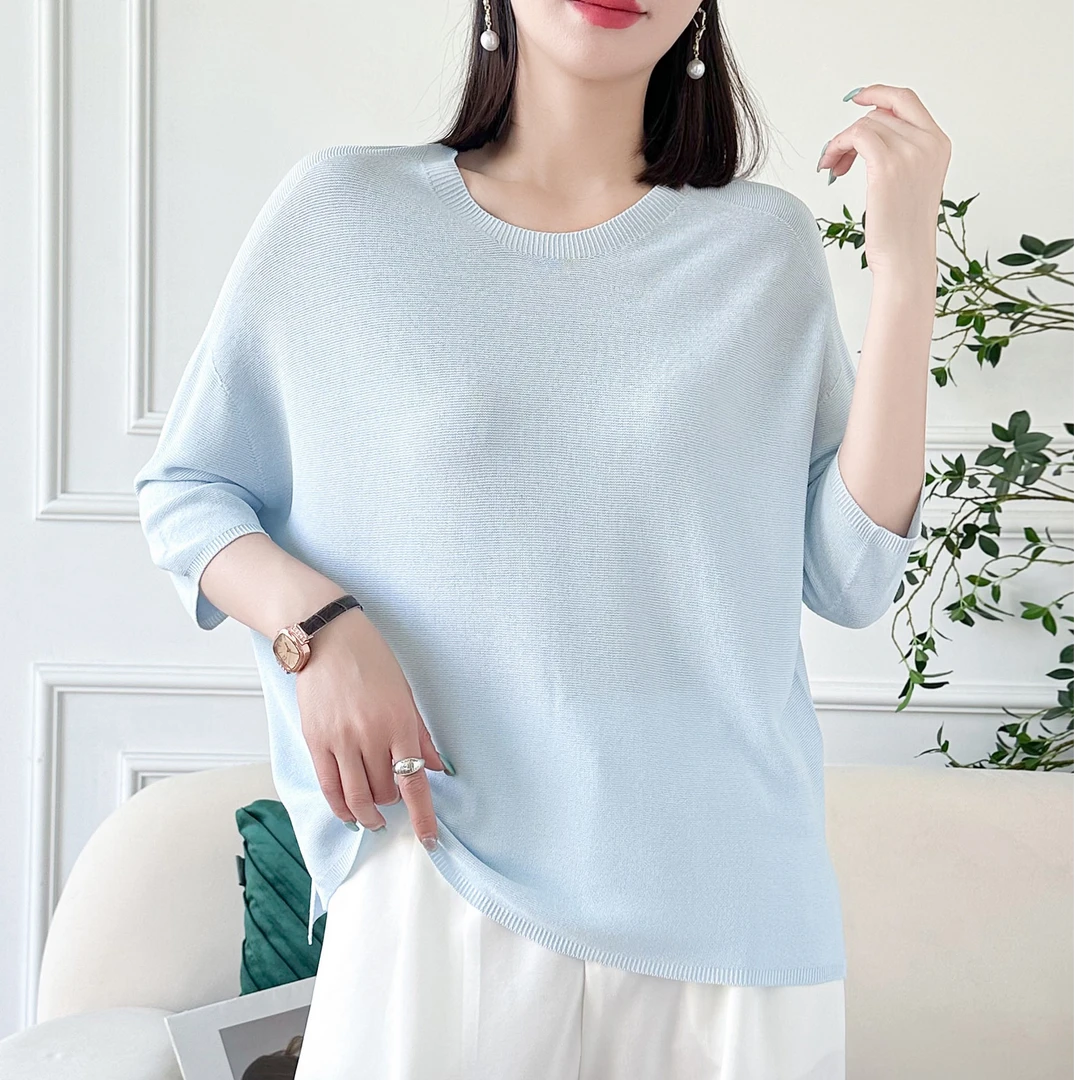 [25029]夏季新款一线成衣藏肉显瘦百搭多巴胺色七分袖针织打底衫