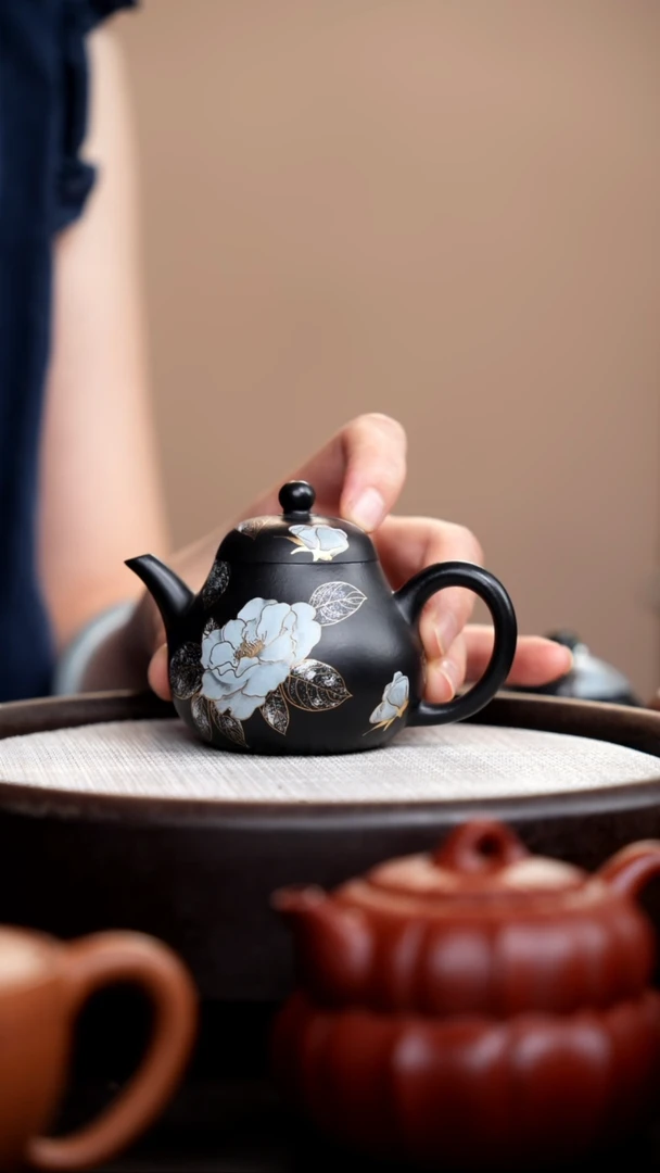茶壶紫砂捂灰朱泥银牡丹高梨形