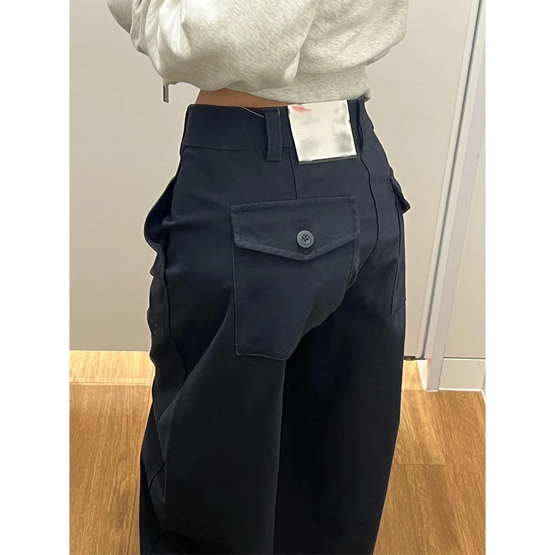 藏青色简约宽松阔腿长裤女25春季新款百搭显瘦复古直筒休闲长裤子