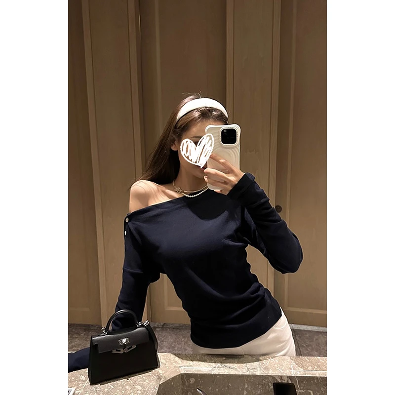 2025春季气质高级感T恤露肩掐腰时尚长袖一字肩打底衫设计感3357