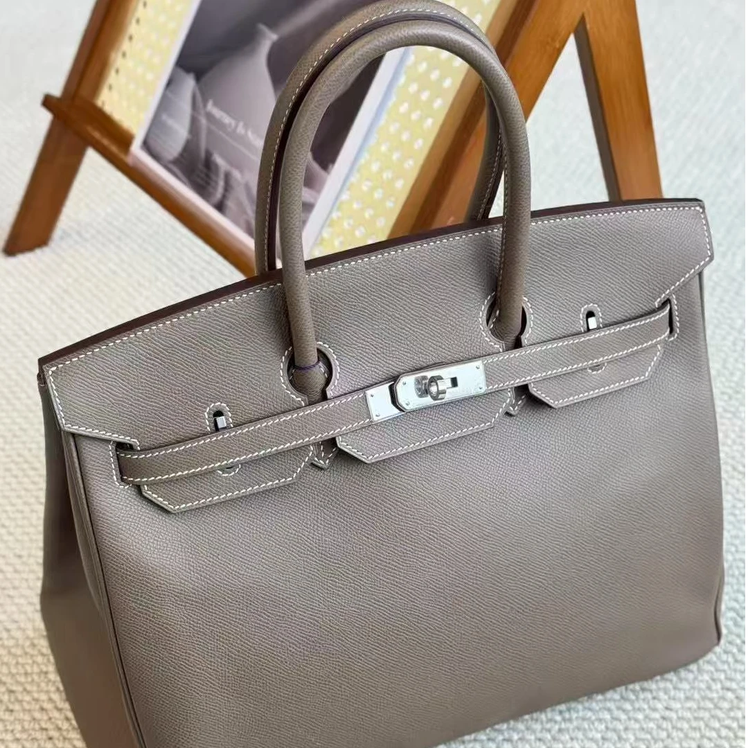 99新 Hermes/爱马仕 birkin35 大象灰 银扣 E皮 框N刻