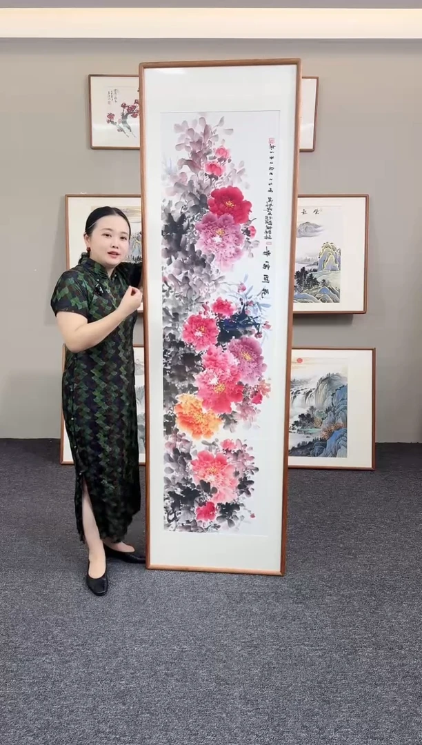 国画牡丹花开富贵210*60手绘作品