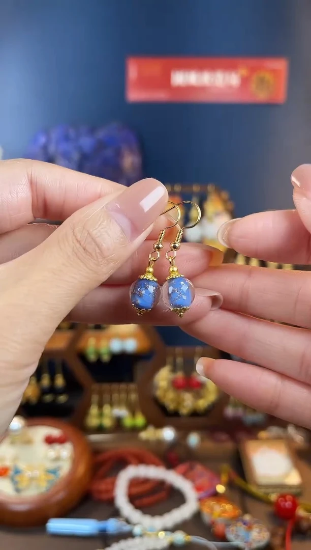 手工艺品琉璃女*心，蓝色溏心琉璃耳钩