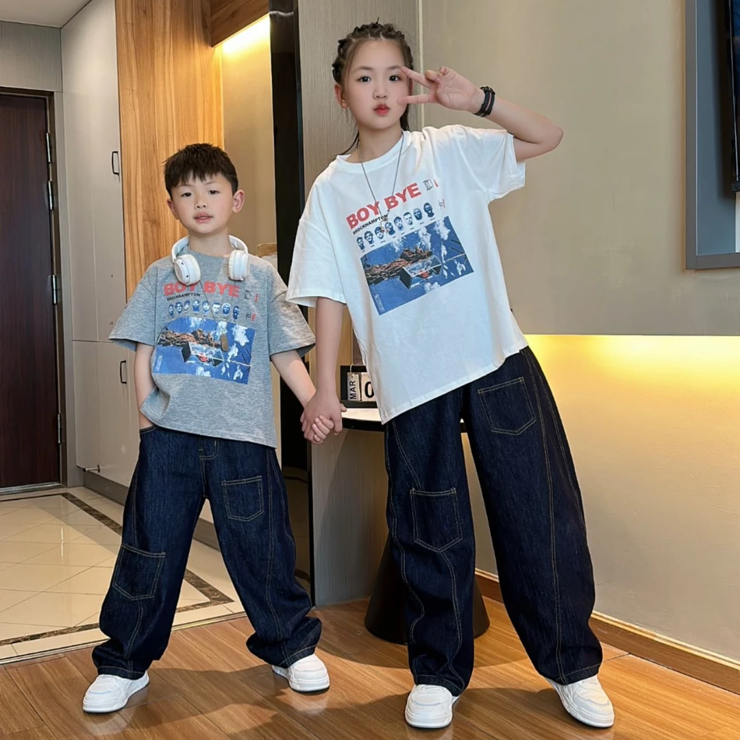 姐弟装夏季中大童儿童宽松休闲短袖男女童儿童T恤牛仔裤套装