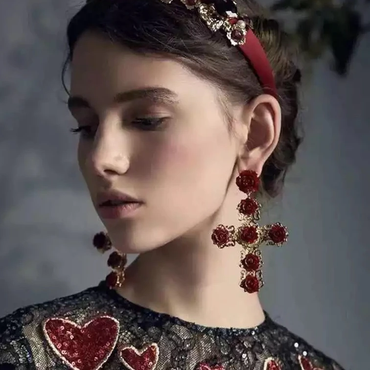 铁合金耳饰 欧美夸张长款十字架花朵耳环