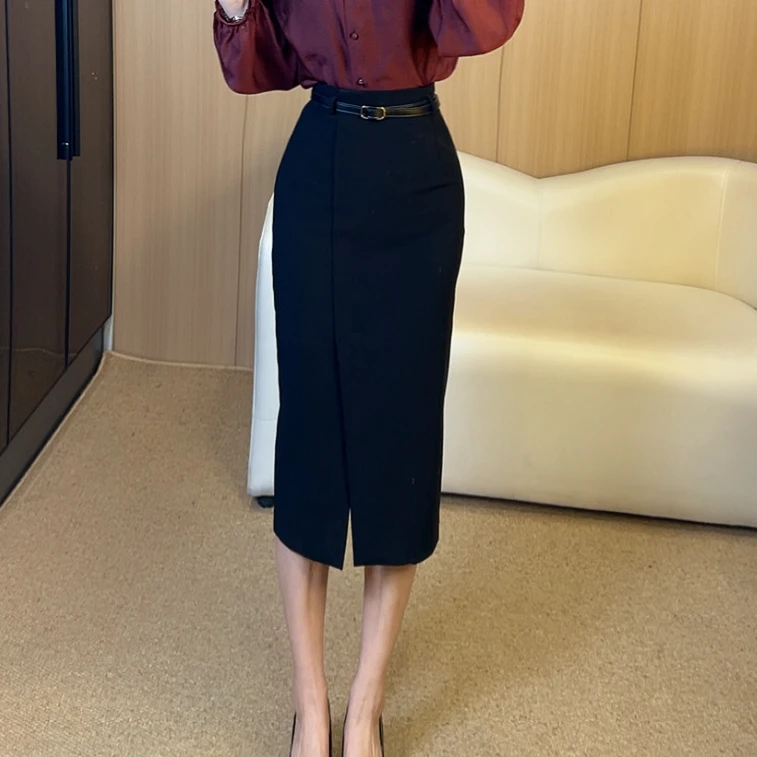 百搭黑色修身长款时尚气质女半身裙显瘦前开叉休闲高腰垂感1566