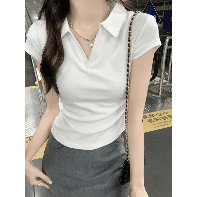 正肩polo领短袖t恤女夏季翻领小众短款修身显瘦简约休闲收腰上衣