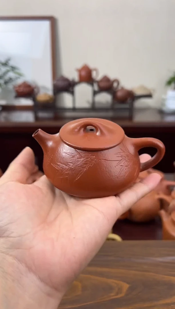 茶壶紫砂朱泥刻绘景舟石瓢壶120CC
