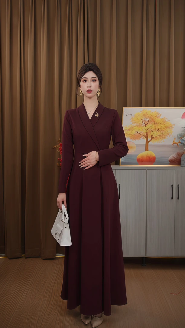 早春秋新款酒红色连衣裙显瘦休闲时尚百搭气质长袖收腰长款裙259