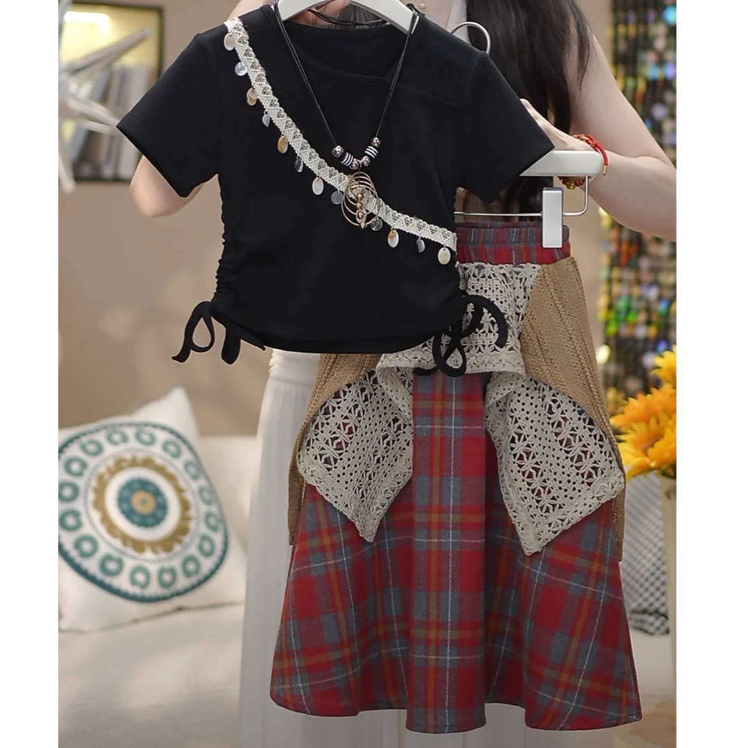 女童流苏短袖半身裙套装2025夏季新款波西米亚风不规则格子长裙潮