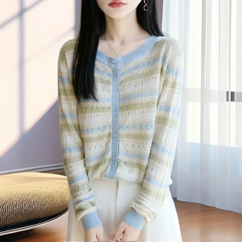 【雅岚女装】镂空针织衫宽松长袖百搭上衣新款春秋冬细圆领条纹开衫