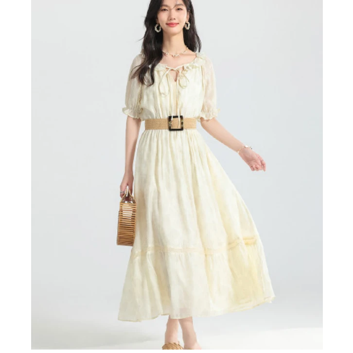 气质通勤度假时尚百搭连衣裙仙气大摆系带泡泡袖长裙227