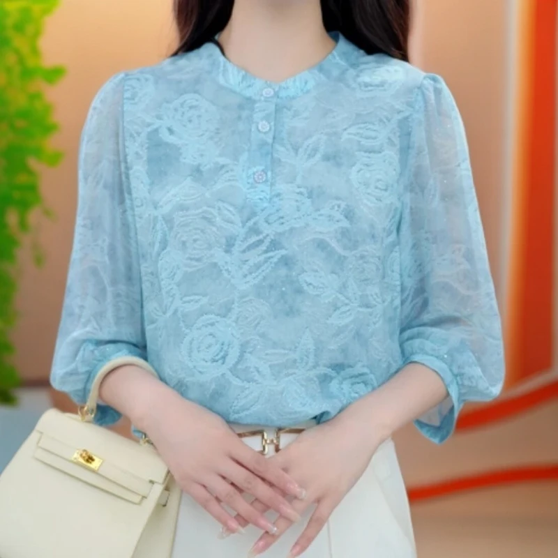 【洒银工艺】夏季薄款浅蓝色冰丝衬衫七分袖大码宽松防晒雪纺小衫