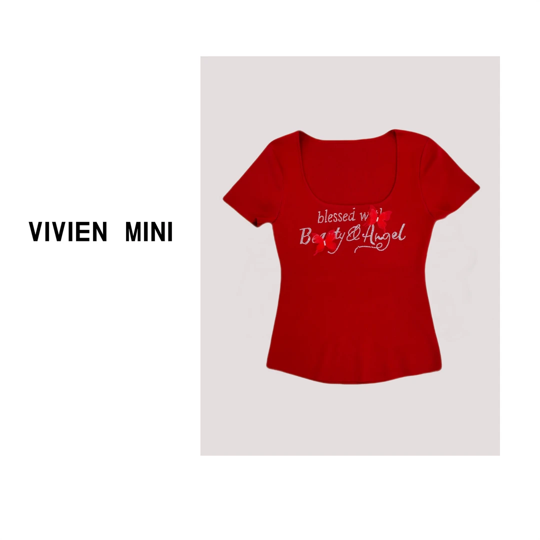 【VIVIEN MINI】设计感时尚洋气显瘦重工烫钻带小蝴蝶U领百搭T恤