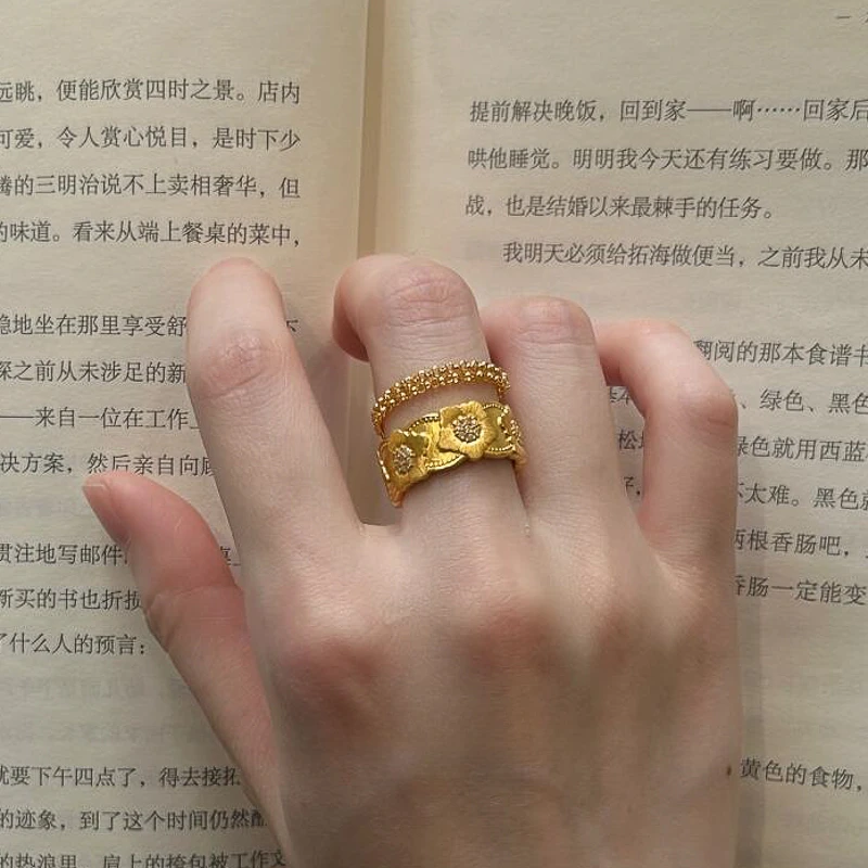 铜合金戒指 古着风精致排花戒指女轻奢高级中古食指戒指手饰复古
