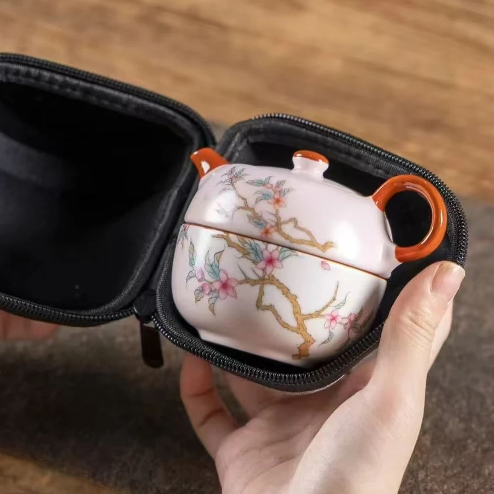 粉汝桃花一壶一杯旅行茶具套装户外家用便携式茶具