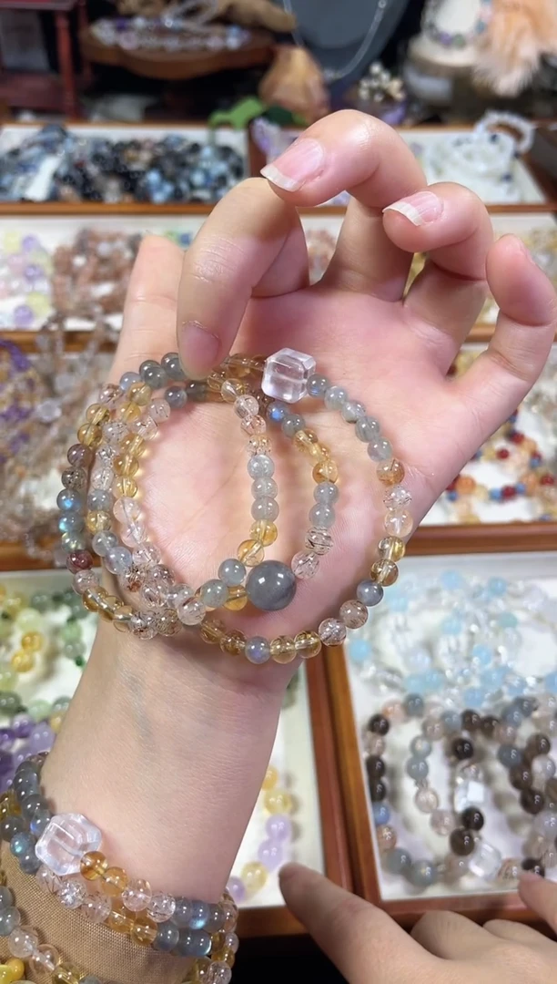 未镶嵌手串水晶三圈】天然灰月光黄塔晶黑金超七三圈白水方糖手串