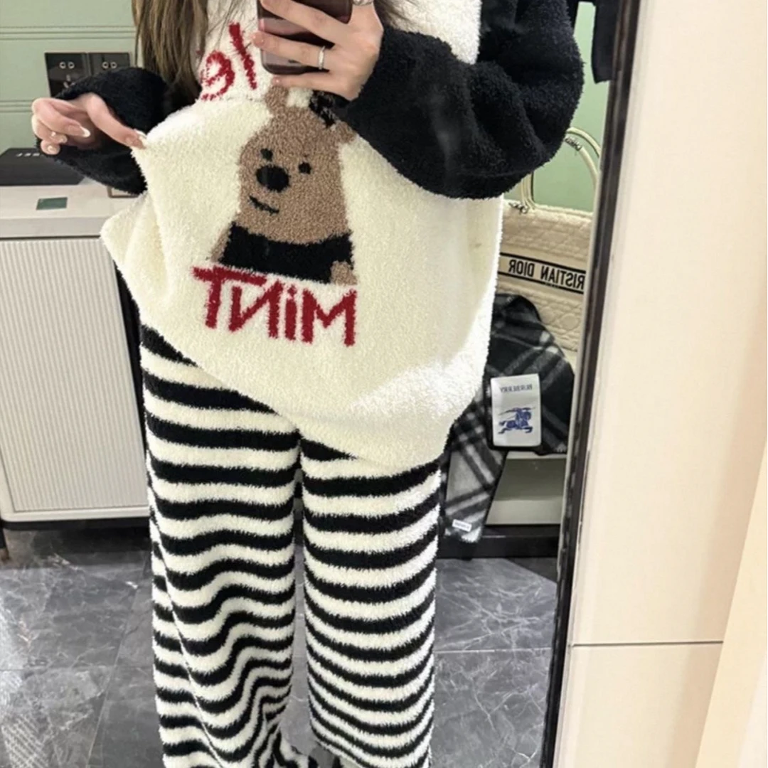 新款可爱小熊女生睡衣秋冬季加绒加厚半边绒保暖家居服套装可外穿