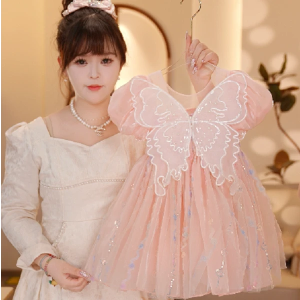 【Y.d3858】2025新款夏季女童泡泡袖气质连衣裙蝴蝶结甜美公主裙