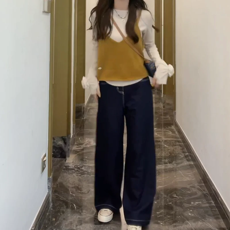 新款手袖玫瑰上衣+简约吊带背心+深蓝宽松牛仔裤三件套LK2505432