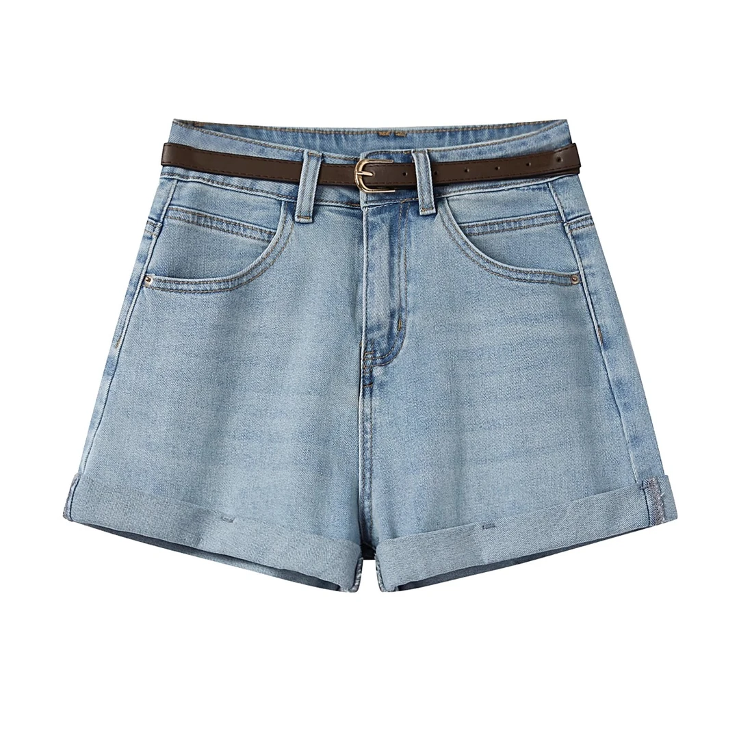 羊城故事-韩系高腰卷边牛仔短裤春夏简约高腰百搭宽松热裤6380