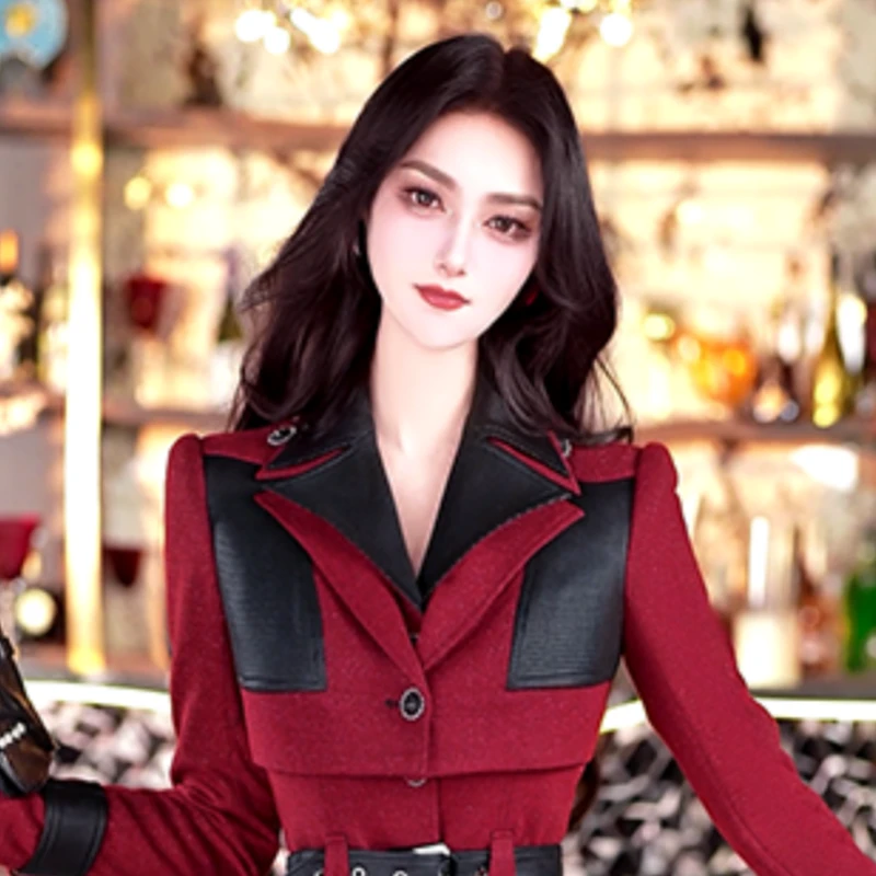 秋冬厚款2024新款红黑拼接毛呢大衣中长款外套