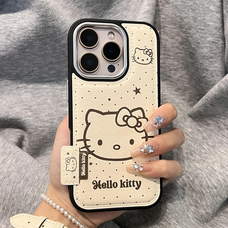 线条Kitty适用苹果17promax手机壳iphone16卡通女款可爱皮质防摔