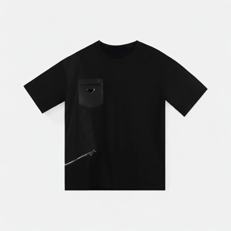 拼接皮口袋三角T恤男休闲