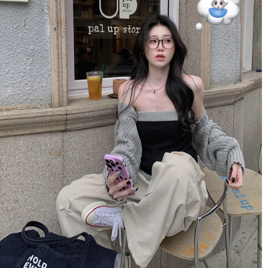 韩系针织开衫毛衣套装女2025秋冬季新款简约修身显瘦抹胸宽松裤子