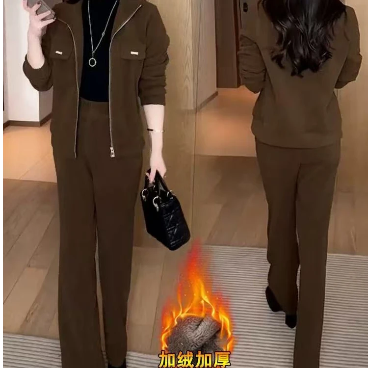 2025新款时尚洋气减龄休闲女秋冬百搭气质加绒加厚套装上衣+裤子